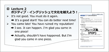 ■Lecture2 ポジティブ・イングリッシュで文化を越えよう！■ It's not good. You must do it again.→It's not good start. You can do better next time! ...。