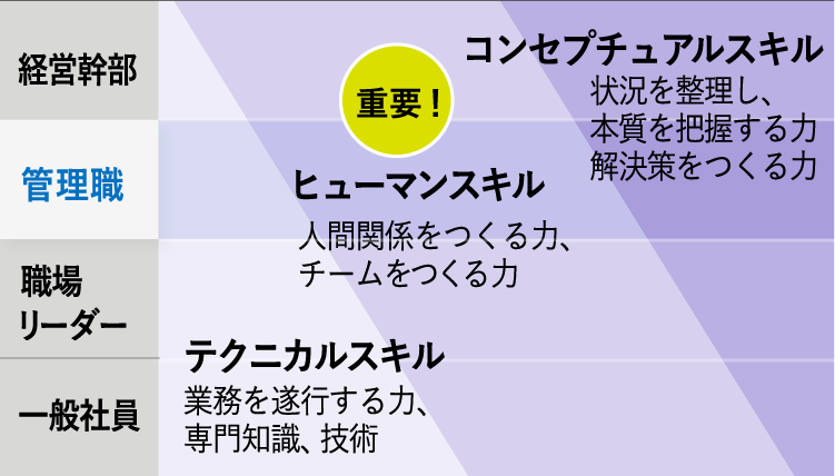 カッツ理論による「管理職に求められる3つのスキルとバランス」の図